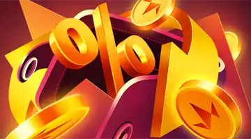 Изображение золотого символа процента в окружении золотых монет, символизирующее кэшбэк-бонус в Авокадо Казино.